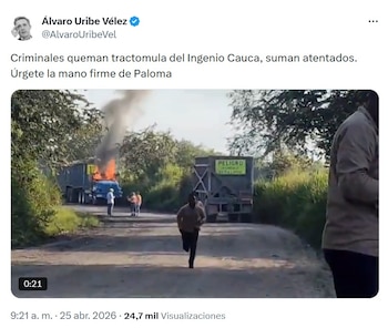 Álvaro Uribe sobre ataque a camiones de ingenio azucarero en el Cauca - crédito @AlvaroUribeVel/X