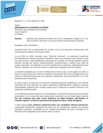 Cote cuestionó que la reforma haya sido devuelta nuevamente al Congreso y sostuvo que la posibilidad de corregir vicios legislativos no debería convertirse en un mecanismo reiterado para mantener vigente una norma - crédito @DavidGerardoC/X