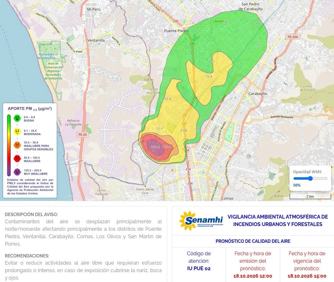 Un mapa del Senamhi señala las zonas del norte de Lima afectadas por la dispersión de partículas contaminantes generadas por un incendio en Puente Piedra. (Foto: Senamhi)