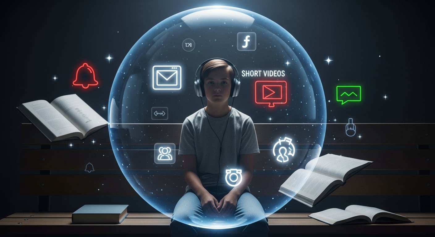 Un joven con auriculares está sentado en un banco de escuela, inmerso en una burbuja digital con iconos de redes sociales y videos cortos, mientras libros impresos permanecen desenfocados fuera de su mundo. (Imagen Ilustrativa Infobae)