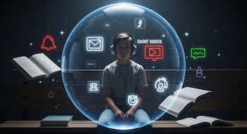 Joven con auriculares en un banco, dentro de una esfera luminosa con iconos digitales flotantes. Libros impresos desenfocados a los lados, fondo oscuro.