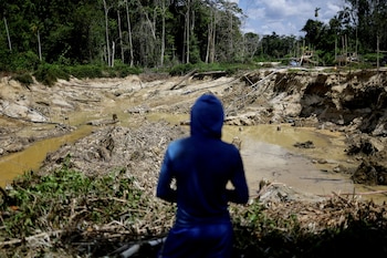 Un minero ilegal observa una zona boscosa destruida en territorio indígena yanomami, en el estado de Roraima, Brasil (REUTERS/Ueslei Marcelino)