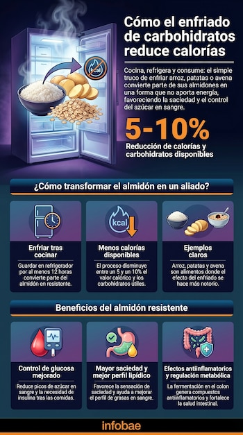Infografía que muestra un refrigerador con arroz, patatas y avena. Iconos ilustran cómo enfriar carbohidratos reduce calorías y mejora la salud metabólica.