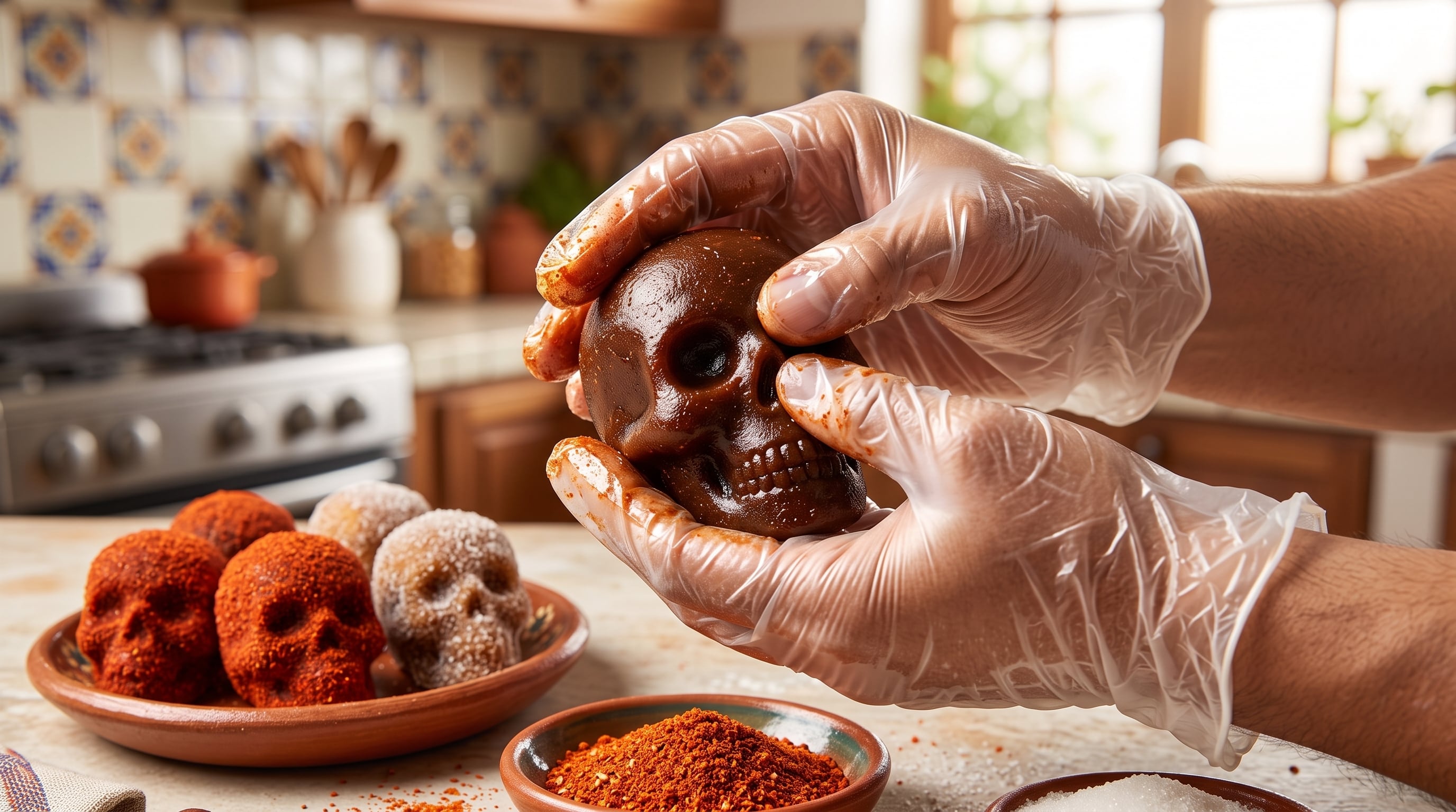 Para esta receta no es necesario tener un molde, y los guantes facilitan el trabajo. Se pueden agregar detalles a la calaverita con un palillo de cocina. (Imagen Ilustrativa Infobae)