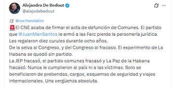 De Bedout aseguró que la JEP, el Acuerdo de Paz y el Partido Comunes fracasaron - crédito