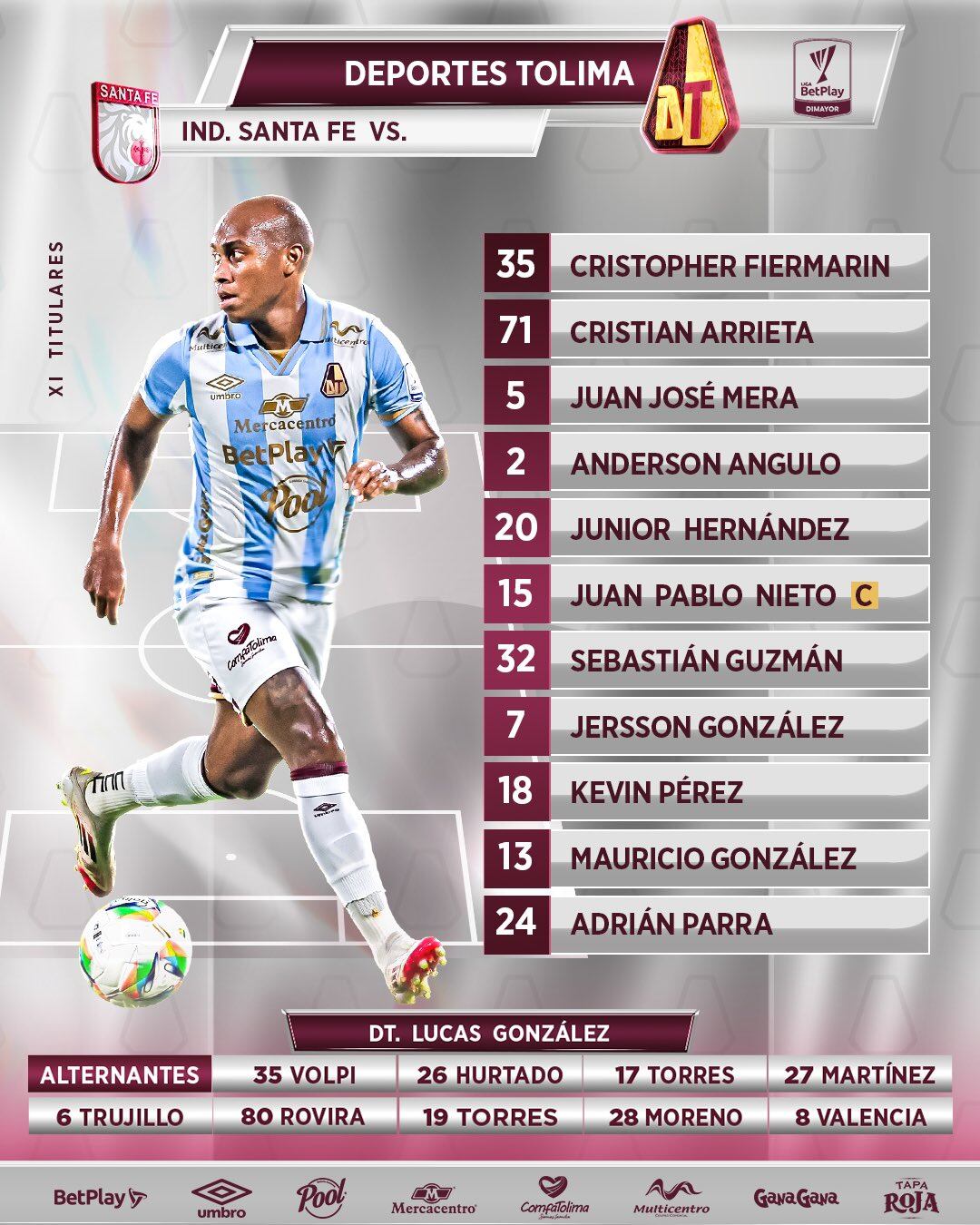 Alineación del Tolima en El Campín, donde buscará el triunfo sobre Santa Fe por los cuadrangulares - crédito Deportes Tolima