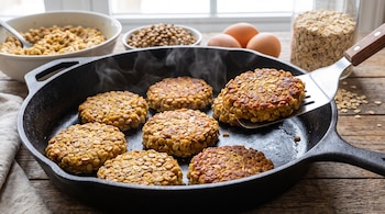Tortitas de lentejas en una sartén de hierro, una espátula, cuencos con legumbres, huevos y un frasco con avena.