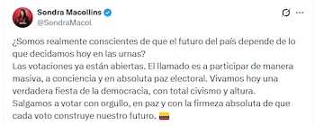 La excandidata hizo un llamado a participar en las elecciones presidenciales - crédito @SondraMacol/X