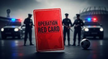 Una tarjeta roja con 'Operation Red Card' en primer plano. Al fondo, policías, coches patrulla con luces y un balón de fútbol, todo borroso.