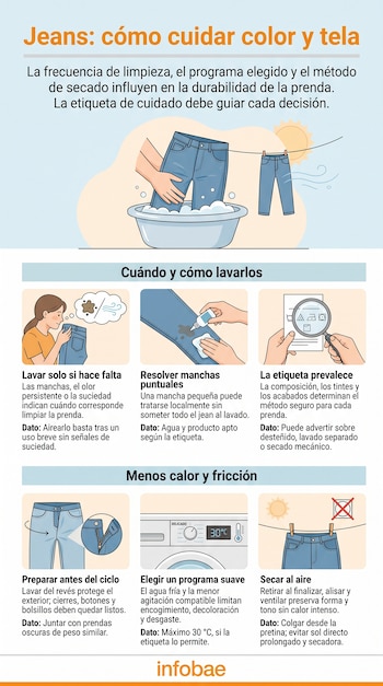 Infografía ilustrada con instrucciones para lavar, tratar manchas, leer etiquetas y secar pantalones vaqueros.