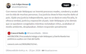El abogado Luis Felipe Henao reaccionó a la apertura de una indagación previa por parte de la Procuraduría en contra de cuatro exfuncionarios del Gobierno Petro por escándalo de las negociaciones con el Clan del Golfo - crédito @luisfelipehenao/X