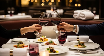 Manos de hombre y mujer brindando con copas de vino tinto sobre mesa con platos de alta cocina, servilletas y cubiertos en restaurante de lujo.