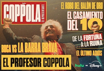 Cartel con un hombre de cabello canoso que alza los puños, rodeado por títulos de episodios y los logotipos de Hulu y Disney+