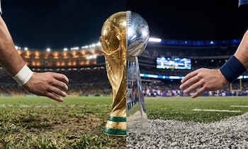 Trofeo Copa Mundial FIFA y brazo con muñequera blanca sobre césped. Trofeo Super Bowl y brazo con muñequera azul sobre césped. Dos estadios de fondo