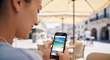 Primer plano de una persona sentada al aire libre, mirando un smartphone que muestra una foto de playa en una aplicación de redes sociales.