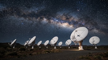 Antenas parabólicas blancas dispuestas sobre terreno árido bajo un cielo nocturno despejado con estrellas y la banda de la Vía Láctea.