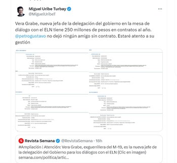 Miguel Uribe Turbay dice que estará atento a la gestión de Vera Grabe - crédito @MiguelUribeT