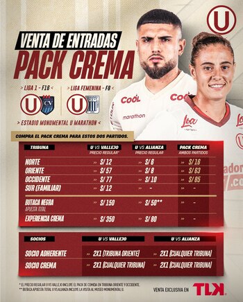 Entradas de Pack Crema para los partidos de Universitario ante Alianza Lima por Liga Femenina y ante César Vallejo por Liga 1.