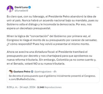 David Luna y sus cuestionamientos al presidente Gustavo Petro