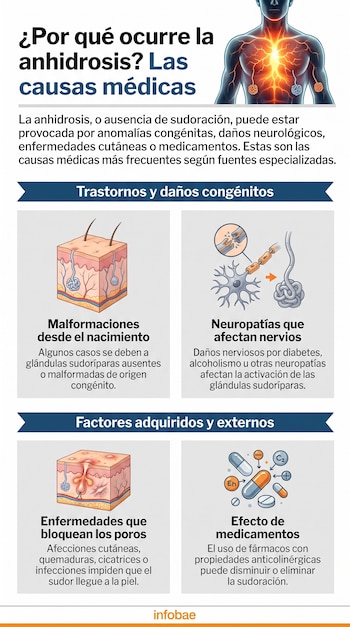 Torso humano con pecho brillante, diagramas de piel con glándulas, neurona dañada, glándula sudorípara, pastillas y cápsulas. Texto sobre causas de la anhidrosis.