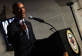 Former U.S. President Barack Obama speaks after receiving the Thayer Award during a ceremony at the United States Military Academy at West Point, New York, U.S., September 19, 2024. REUTERS/Mike Segar