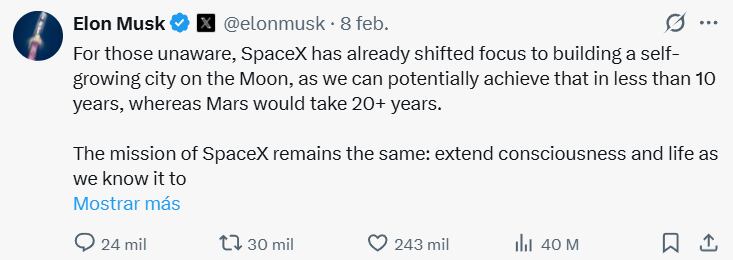 A través de X, Musk sorprendió al anunciar que SpaceX priorizará la construcción de una base lunar.(X de Elon Musk)