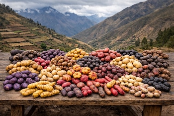 Una mesa de madera al aire libre con un surtido vibrante de papas nativas de varios colores y formas. Al fondo, montañas andinas con terrazas de cultivo bajo un cielo nublado.