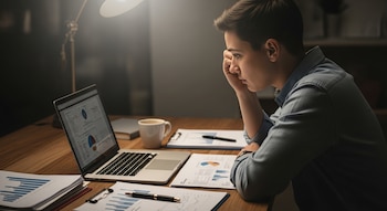 Vista lateral de un joven profesional sentado en un escritorio de madera, mirando una laptop con gráficos. Hay documentos, un bolígrafo, una taza de café y una lámpara.