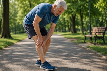 Hombre mayor con camiseta azul y shorts oscuros, de pie en un camino de parque. Tiene ambas manos sobre su rodilla derecha. Árboles y banco al fondo