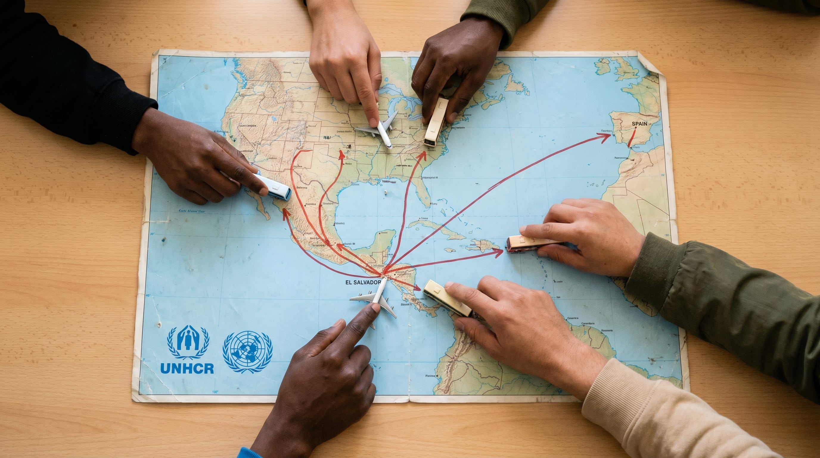 Esta imagen conceptual muestra manos señalando rutas migratorias trazadas en un mapa de América Central y Norteamérica, que parten desde El Salvador hacia Estados Unidos, México y España, con los logos de ACNUR y la ONU visibles en una esquina. (Imagen Ilustrativa Infobae)