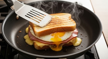 Sartén negra con sándwich de pan tostado, jamón, queso fundido y huevo frito. Una espátula metálica presiona el pan. Sale vapor.