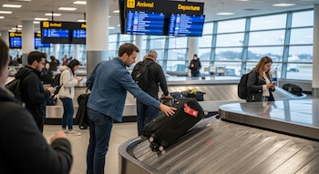Un hombre de mediana edad con chaqueta vaquera agarra una maleta negra en el carrusel de equipajes de un aeropuerto con otros viajeros alrededor.