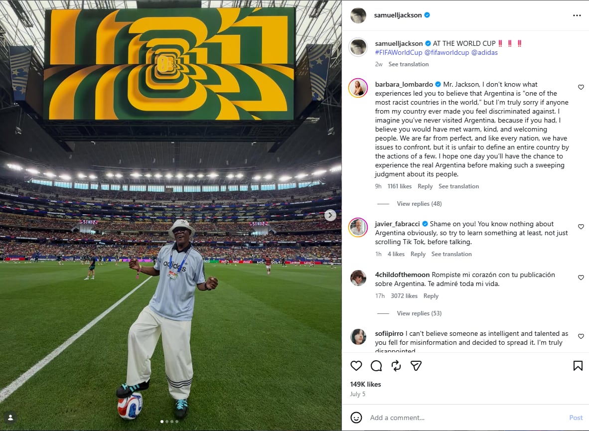 Bárbara Lombardo respondió a Samuel L. Jackson en inglés y cuestionó que definiera a la Argentina como un país racista por las acciones de unos pocos