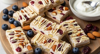 Primer plano de barritas de yogurt griego proteicas con glaseado blanco, almendras y arándanos, sobre tabla de madera con arándanos frescos y secos. Cuenco de yogurt en el fondo.