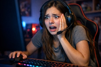 Joven con auriculares y micrófono, sentada en silla de juego frente a monitor. Sujeta mouse y teclado; tiene ojos y boca abiertos, con una mano en la mejilla.