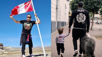Imagen doble: Hombre con bandera de Perú en paisaje árido. Hombre, niña y perro pasean por una calle urbana