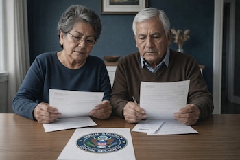 Un hombre y una mujer mayores de fenotipo mexicano, con cabello gris, sentados en una mesa de madera examinando documentos. Un logo del Seguro Social se ve en la mesa.