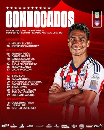 La convocatoria de Junior para la final incluye a Luis Muriel, Teófilo Gutiérrez y Guillermo Paiva, entre otros jugadores. - crédito @JuniorClubSA