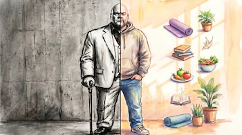 Hombre musculoso dividido: izquierda monocromática con traje y bastón, derecha colorida con sudadera, plantas, libros, comida saludable.