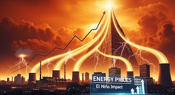 Imagen dramática de una ciudad con centrales eléctricas bajo un cielo anaranjado. Rayos y un gráfico ascendente simbolizan precios de energía en alza por El Niño.