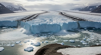 Glaciar masivo de tonos azules y blancos con cascadas de agua cayendo a un cuerpo de agua salpicado de icebergs. Montañas oscuras con nieve en las cimas se alzan en la lejanía.