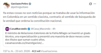 El exjefe de Estado utilizó sus redes sociales para señalar que se debe investigar al alto funcionario - crédito @petrogustavo/X