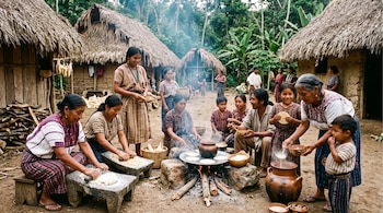 Grupo de personas indígenas, incluyendo hombres, mujeres y niños, cocinando al aire libre. Choza de techo de paja, metates, comales, fuego, ollas y mazorcas de maíz.