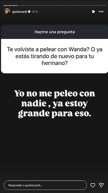 Captura de pantalla de una historia de Instagram de Guido Icardi con una pregunta y su respuesta sobre conflictos familiares, mostrando el texto en blanco sobre fondo oscuro