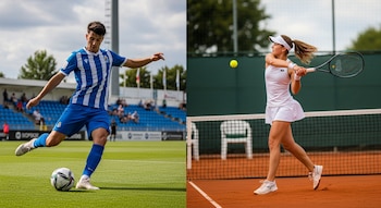 Imagen dividida con un futbolista zurdo en uniforme azul y blanco pateando un balón y una tenista diestra de blanco golpeando una pelota de tenis.