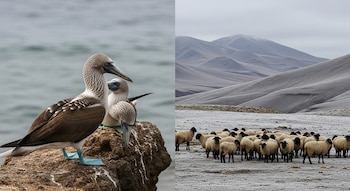 Una composición de dos imágenes muestra a la izquierda tres piqueros de patas azules sobre una roca y a la derecha un rebaño de ovejas en un paisaje montañoso nevado.