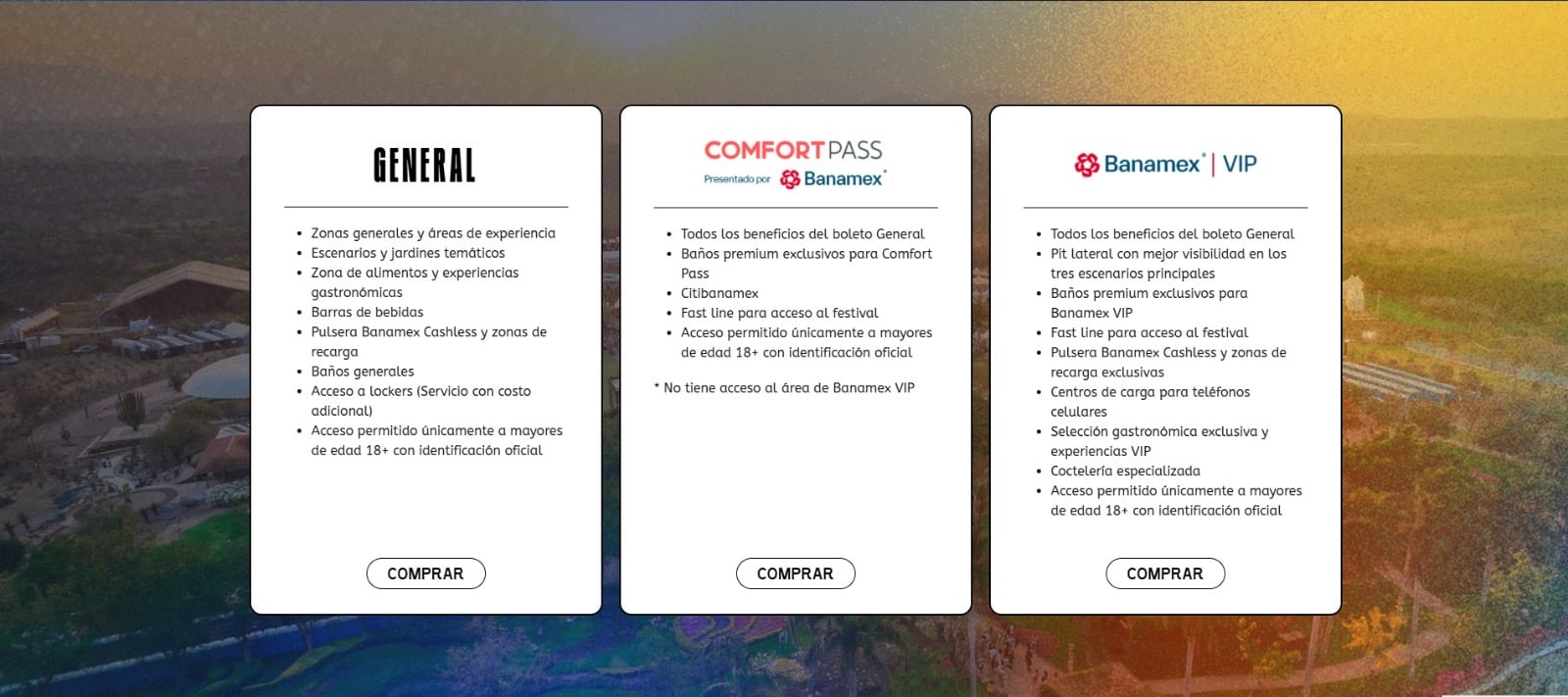 Los diferentes accesos y beneficios para el Festival Vaivén 2026. (Captura de pantalla)