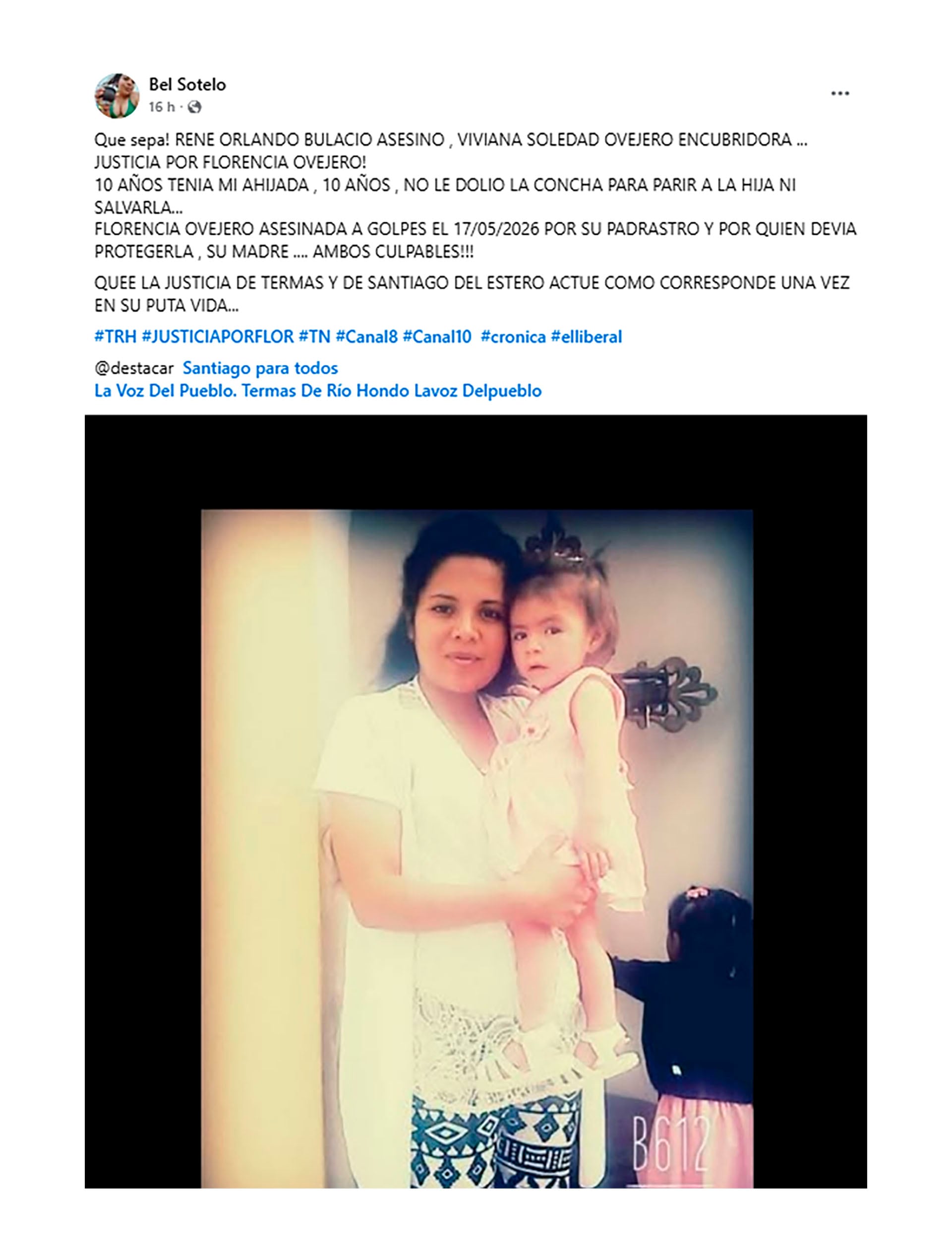El posteo de la madrina de la víctima (Facebook)