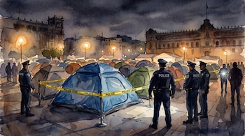 Pintura acuarela nocturna de un campamento urbano. Una tienda azul está acordonada con cinta "POLICE LANE", y varios policías la rodean. Edificios y carpas al fondo.