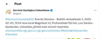 Servicio Geológico Colombiano informa de